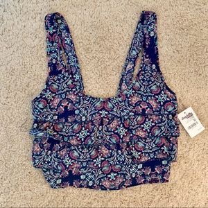 Tiered ruffle front printed tank top